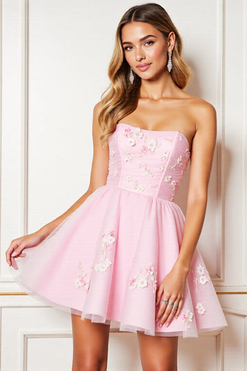 A Line Pink Strapless Mini Party Dress With 3D Flowers